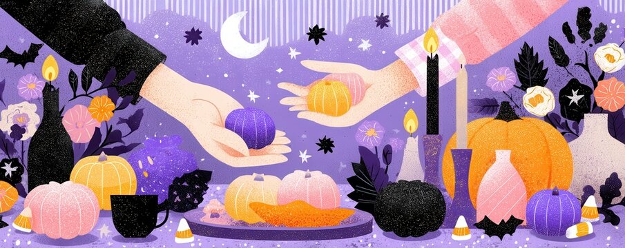 Colorful festive illustration of hands exchanging mini pumpkins at a decorated table