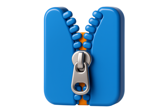 Modern Graphic Design Element: Vibrant Blue and Chrome Zipper Pull on a Partially Unzipped Track, Isolated on White Background.