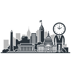 Modern city skyline with large clock character