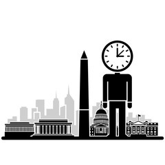 Minimal skyline with tall monument and clock-head figure