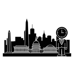 City skyline with clock-headed business figure