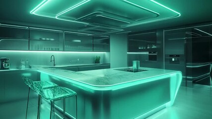 Futuristic kitchen design featuring ambient neon lighting - Powered by Adobe