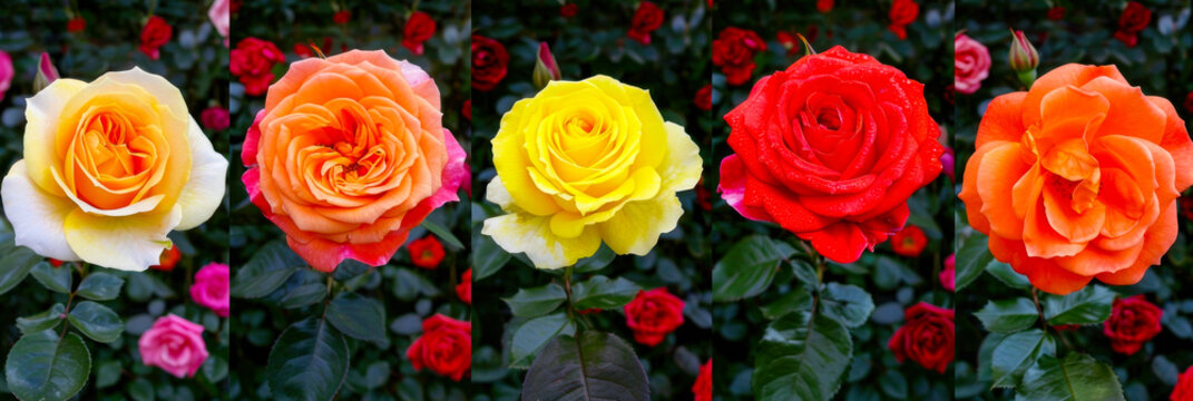 Colorful roses bloom in a garden showcasing vibrant varieties and shades in full sunlight