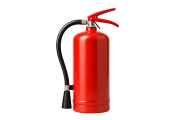 Obraz premium Classic Red Cylindrical Fire Extinguisher with Black Hose and Nozzle on a white Background