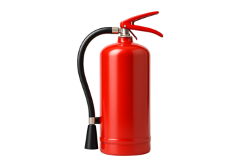 Classic Red Cylindrical Fire Extinguisher with Black Hose and Nozzle on a white Background