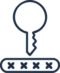 A minimalist line icon representing a security key and a password field, illustrating concepts of digital login, authentication, and secure access