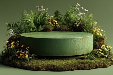 Green circular pedestal surrounded by lush ferns and wildflowers in a natural garden display