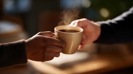 Close-up of hands exchanging cup with coffee steam rising — representing community interaction, environmental responsibility, and modern urban sustainability content. cinematic color correction,