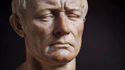 A marble bust depicts an ancient figure with closed eyes and a furrowed brow conveying profound sadness and contemplation