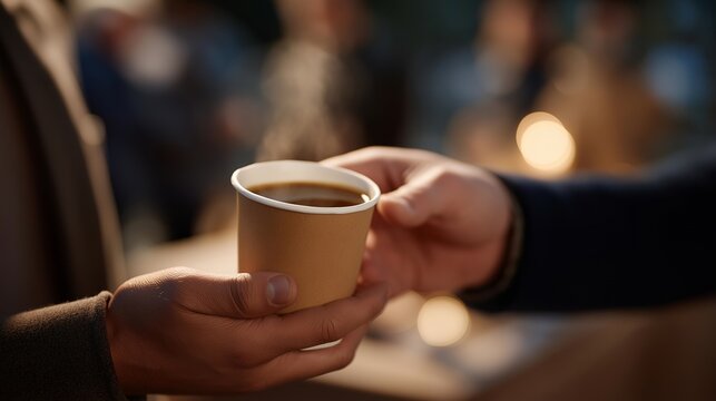 Close-up of hands exchanging cup with coffee steam rising — representing community interaction, environmental responsibility, and modern urban sustainability content. cinematic color correction,