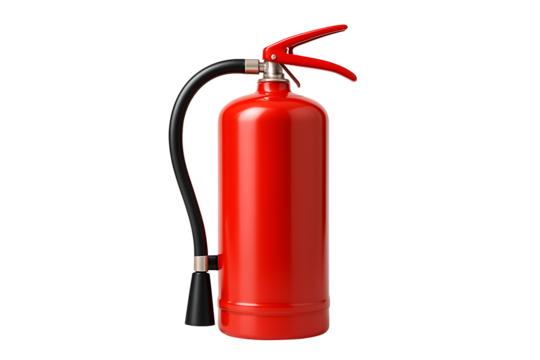 Classic Red Cylindrical Fire Extinguisher with Black Hose and Nozzle on a white Background