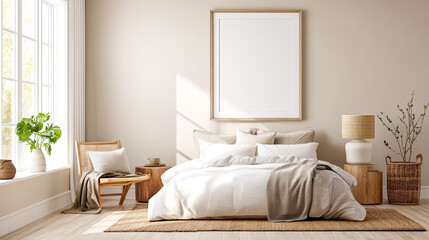 Helle, ruhige Schlafzimmer mit modernen Poster-Mockups &uuml;ber dem Bett und sanften, neutralen Farben. Weiches Tageslicht, nat&uuml;rliche Materialien und dezente Einrichtung