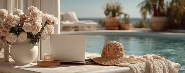 Peaceful outdoor workspace with laptop and sun hat by a pool