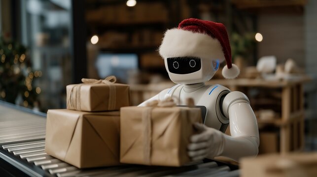 Cute humanoid robot wearing a Santa hat while carefully wrapping gifts on a conveyor belt — concept of AI meets Christmas tradition, futuristic holiday helper, and human-robot collaboration in