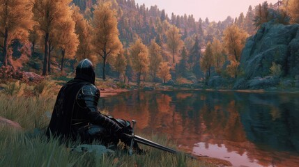 Solitary Knight Meditating by Autumn Lake at Sunset
