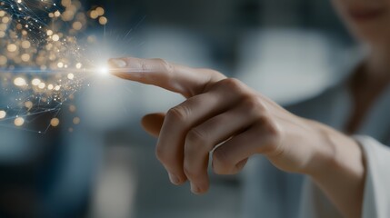 Close-up of hand interacting with holographic-inspired AI interface — representing machine learning, high-tech work environment, and inspirational tech-focused content for professional or