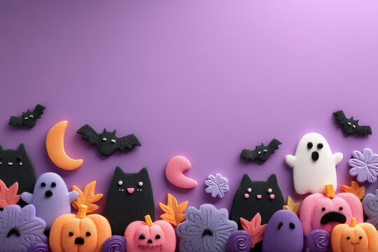 Colorful Halloween background with decorations on a vibrant purple surface