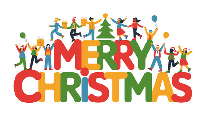Festive Cheer: A joyful ensemble of people are shown in colorful, fun celebration of christmas, showcasing the season's happiness and excitement.