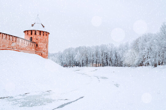 Veliky Novgorod, Russia. Fedor tower of Veliky Novgorod Kremlin fortress, winter view of Veliky Novgorod landmark