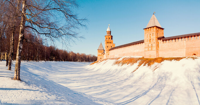 Veliky Novgorod Russia. Veliky Novgorod Kremlin fortress, winter sunny view. Focus at the Kremlin, wide angle panoramic view
