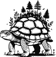 urtle carrying a tiny forest on its back, nature and sustainability concept in simple clean line art