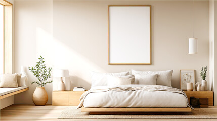 Helle, ruhige Schlafzimmer mit modernen Poster-Mockups &uuml;ber dem Bett und sanften, neutralen Farben. Weiches Tageslicht, nat&uuml;rliche Materialien und dezente Einrichtung