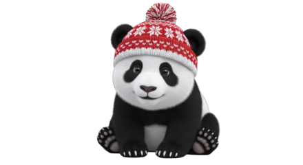 Cute Baby Panda Wearing Red Knitted Hat With White Snowflakes Sitting Against A Transparent Background
