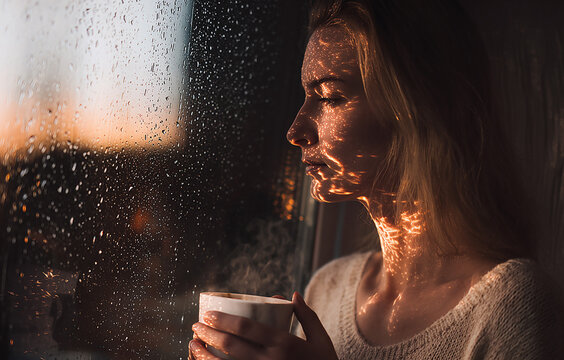 Reflective Woman by Rainy Window at Sunset