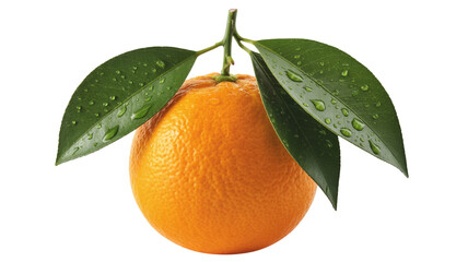 Fresh orange with glistening water droplets and vibrant green leaves, a healthy and refreshing citrus delight