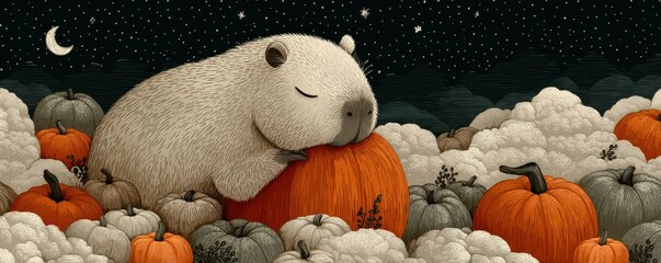 Cute capybara sleeping among pumpkins under a starry sky