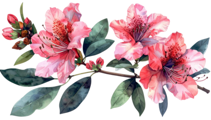 Watercolor depiction of vibrant pink azalea blossoms and dark green leaves