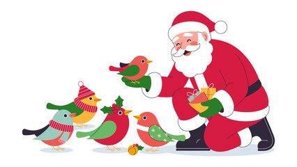 Santa Claus and Christmas Birds: Santa Claus with his red and white attire, is surrounded by lovely, colorful birds, creating a scene of Christmas joy and festivity.