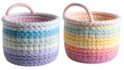 Two handcrafted rope baskets side-by-side, showcasing a pastel rainbow design