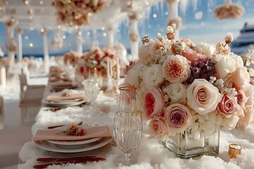 Romantic winter wedding ceremony with floral arrangements and candlelight in snowy setting