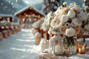 Romantic winter wedding ceremony with floral arrangements and candlelight in snowy setting