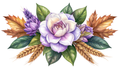 Watercolor floral arrangement with lavender, leaves, wheat, and a central bloom