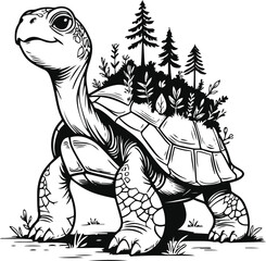 Turtle carrying a tiny forest on its back, nature and sustainability concept in simple clean line art 1