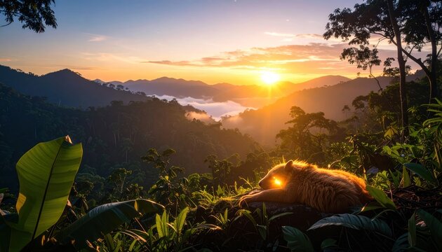Sunrise over rainforest mountains with nature landscape, and golden hour. - Powered by Adobe