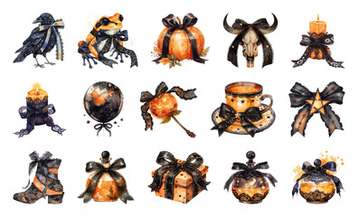 PNG Halloween-themed watercolor illustrations collection, element set on transparent background