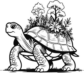Turtle carrying a tiny forest on its back, nature and sustainability concept in simple clean line art 2