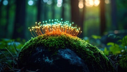 Glowing mossy stone in forest with bokeh background.