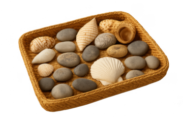 Wicker basket holding seashells and zen pebbles