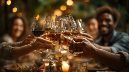 People raising glasses in cheerful toast as midnight approaches 