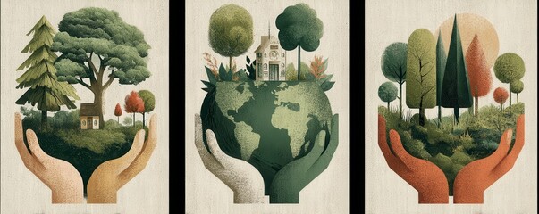 Three illustrated panels of hands supporting nature, earth, and trees in a hopeful conservation theme