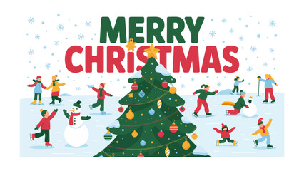 Naklejka premium Holiday Joy: Merry Christmas! A colorful scene of a festive tree surrounded by joyous figures engaged in a variety of winter activities in a snow-covered landscape.