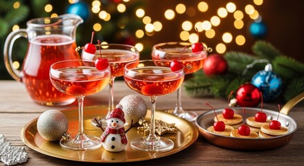 Festive drink glasses with cherries and pancakes on a christmas themed table setting with ornaments