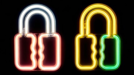 Colorful Neon Padlocks Glowing Against a Dark Background, Illustrating Concepts of Security and Protection in Modern Design