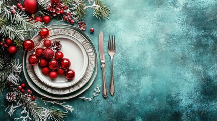 Cutlery set of plate,fork,spoon, knife,Table setting,top view,Vector hand drawn illustrations type of christmas dinner table,isolated illustration on white background,holiday greeting design.