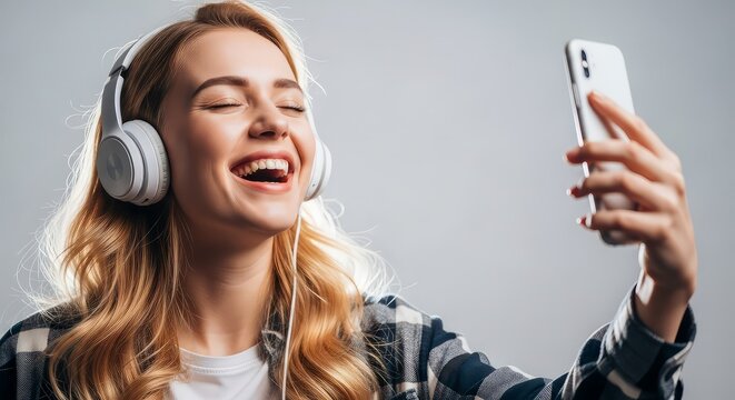 Woman with headphones laughing while holding a smartphone in front of a plain gray background