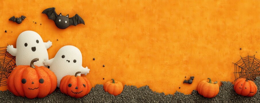 Cute Halloween-themed background with pumpkins, ghosts, bats, and orange backdrop - Powered by Adobe
